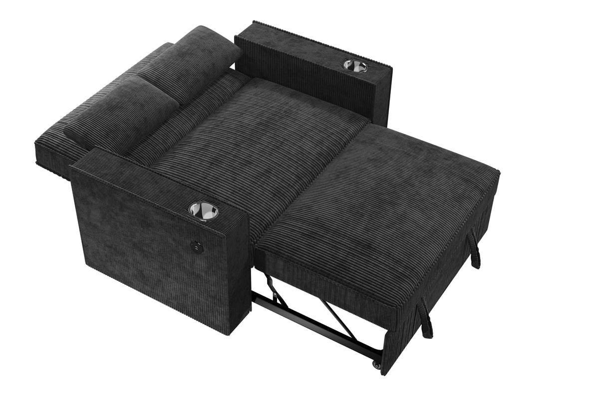 Convertible Sofa W/ 2 Accent Pillows & Usb Ports - Black Corduroy