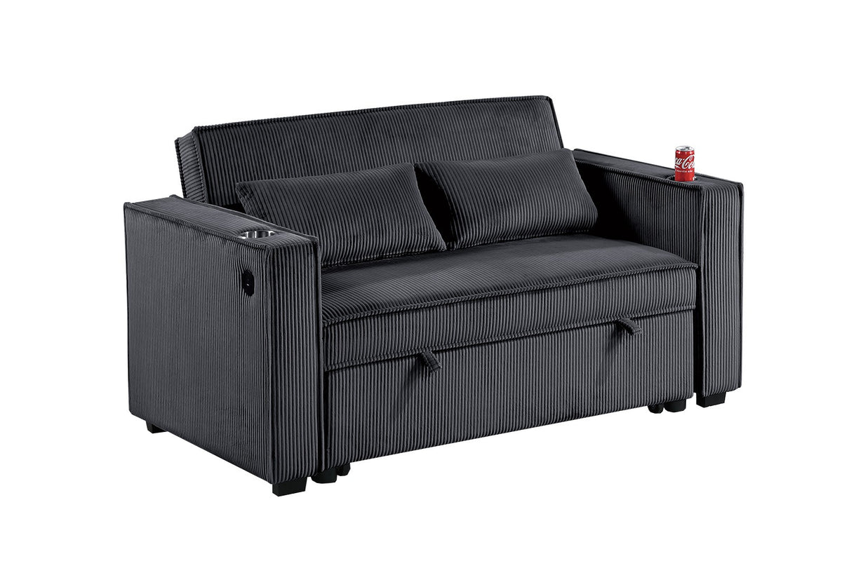 Convertible Sofa W/ 2 Accent Pillows & Usb Ports - Black Corduroy