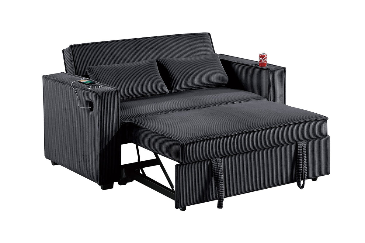Convertible Sofa W/ 2 Accent Pillows & Usb Ports - Black Corduroy