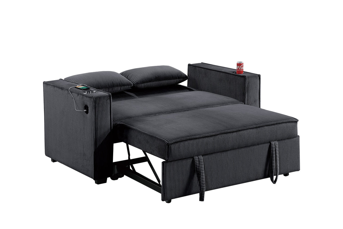 Convertible Sofa W/ 2 Accent Pillows & Usb Ports - Black Corduroy