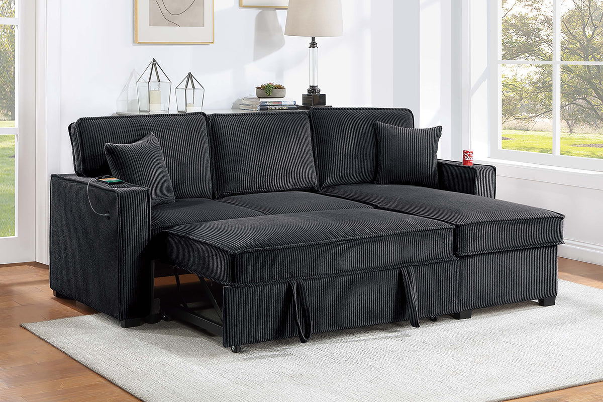 2-Pc Covertible Sectional W/ Usb Ports  & 2 Accent Pillows - Black Corduroy