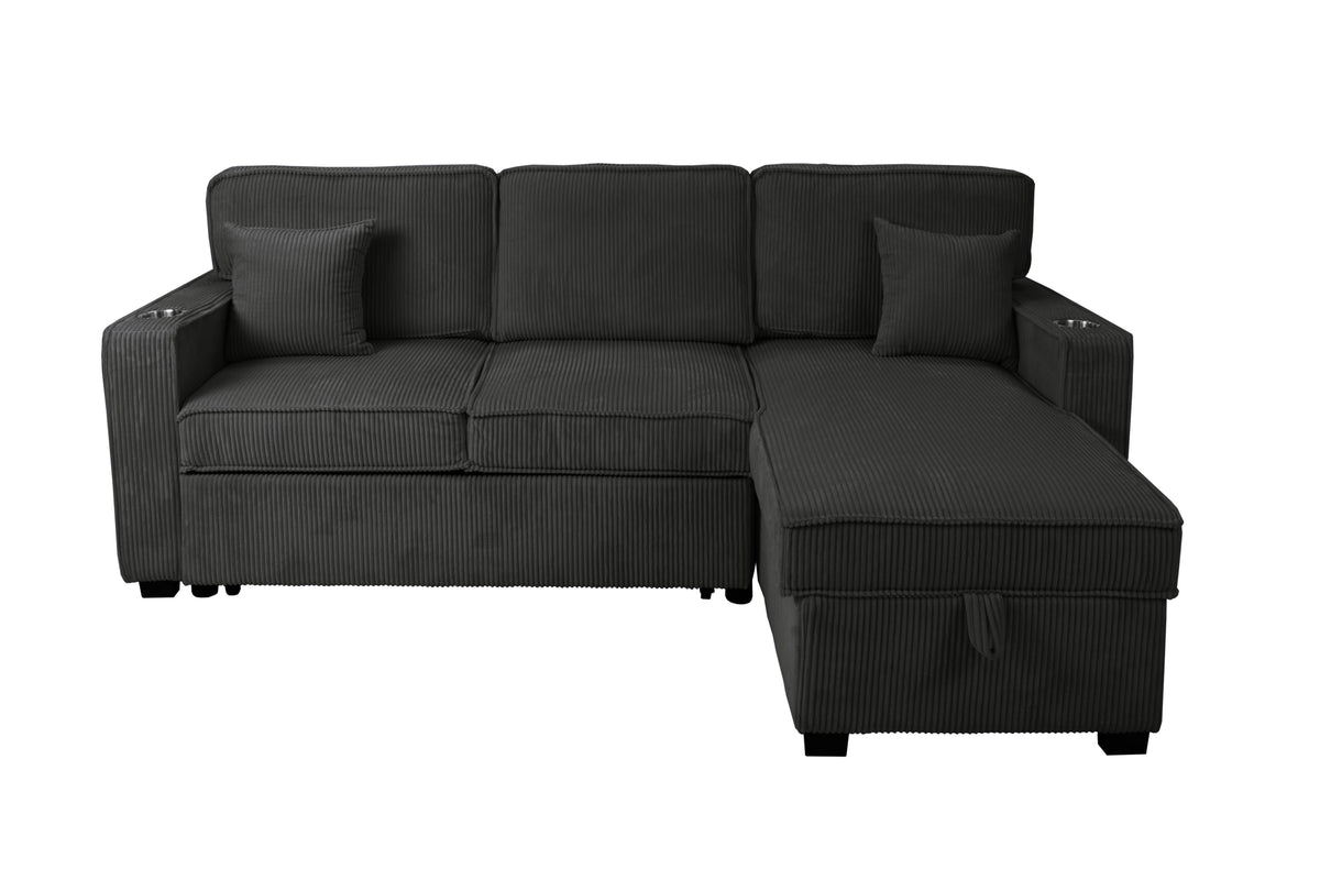 2-Pc Covertible Sectional W/ Usb Ports  & 2 Accent Pillows - Black Corduroy