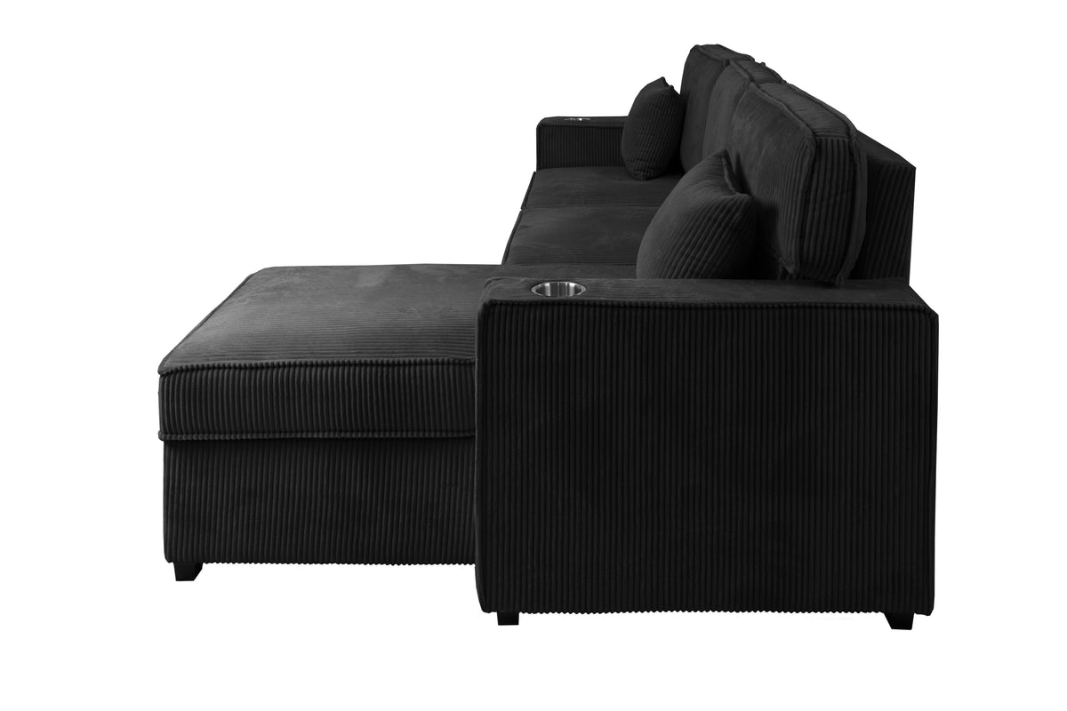 2-Pc Covertible Sectional W/ Usb Ports  & 2 Accent Pillows - Black Corduroy