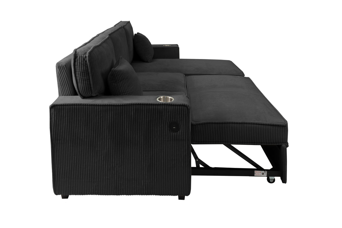 2-Pc Covertible Sectional W/ Usb Ports  & 2 Accent Pillows - Black Corduroy