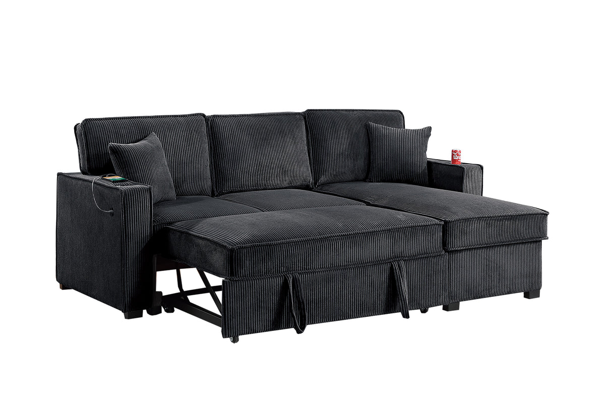 2-Pc Covertible Sectional W/ Usb Ports  & 2 Accent Pillows - Black Corduroy