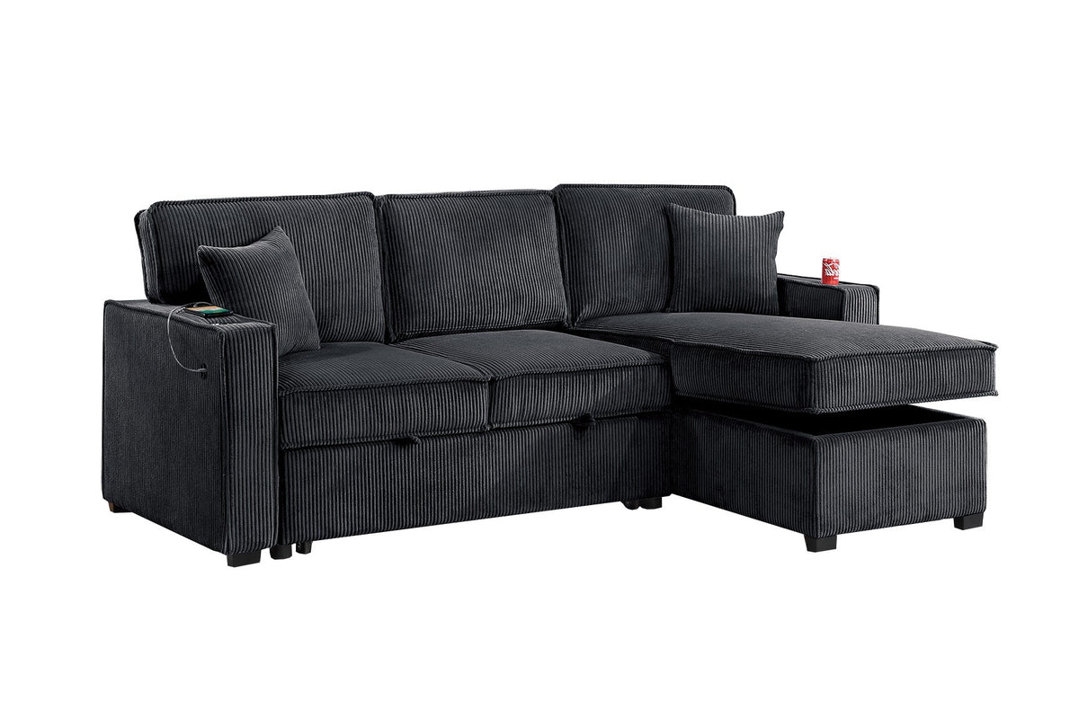 2-Pc Covertible Sectional W/ Usb Ports  & 2 Accent Pillows - Black Corduroy