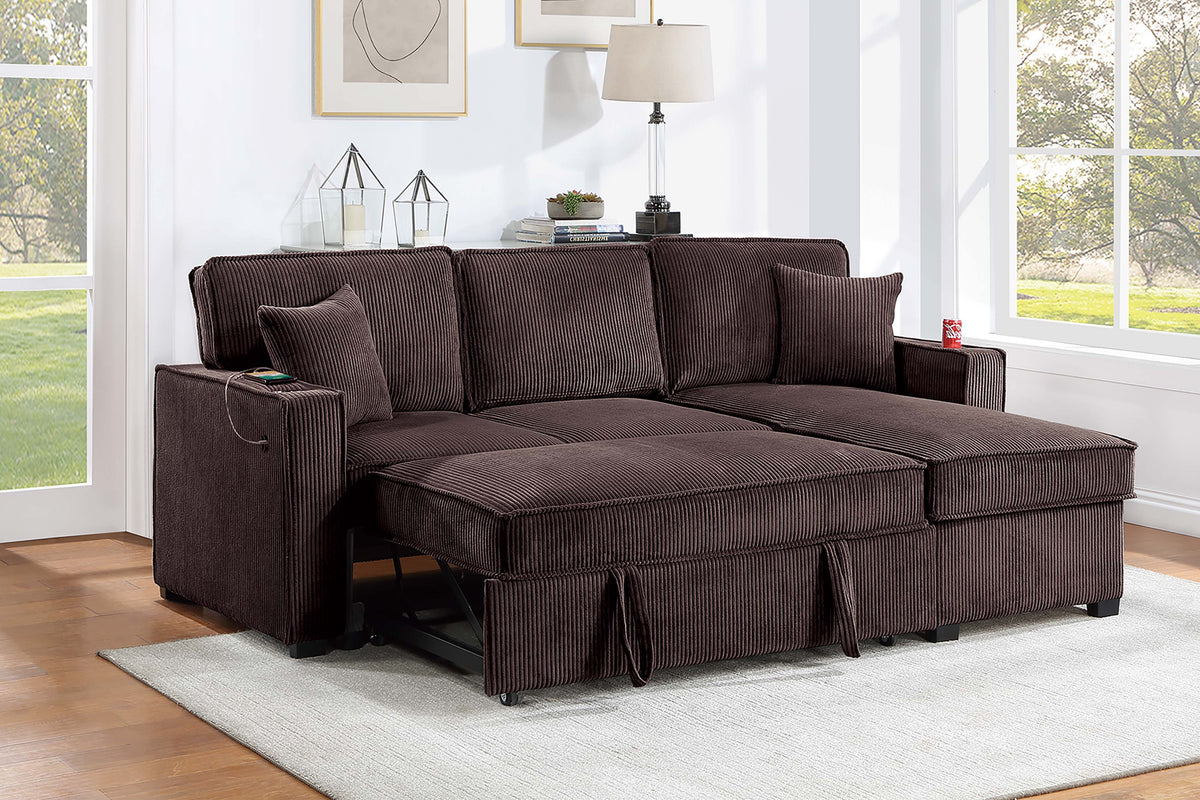 2-Pc Covertible Sectional W/ Usb Ports  & 2 Accent Pillows - Chocolate Corduroy