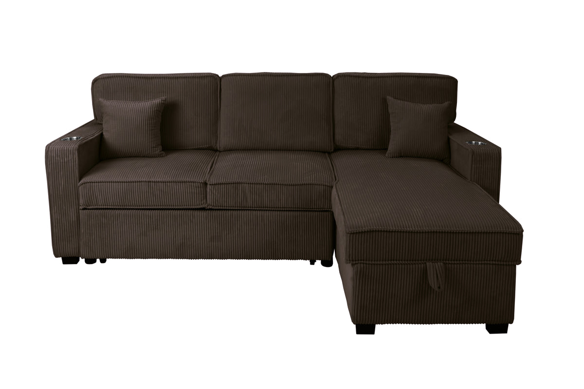 2-Pc Covertible Sectional W/ Usb Ports  & 2 Accent Pillows - Chocolate Corduroy