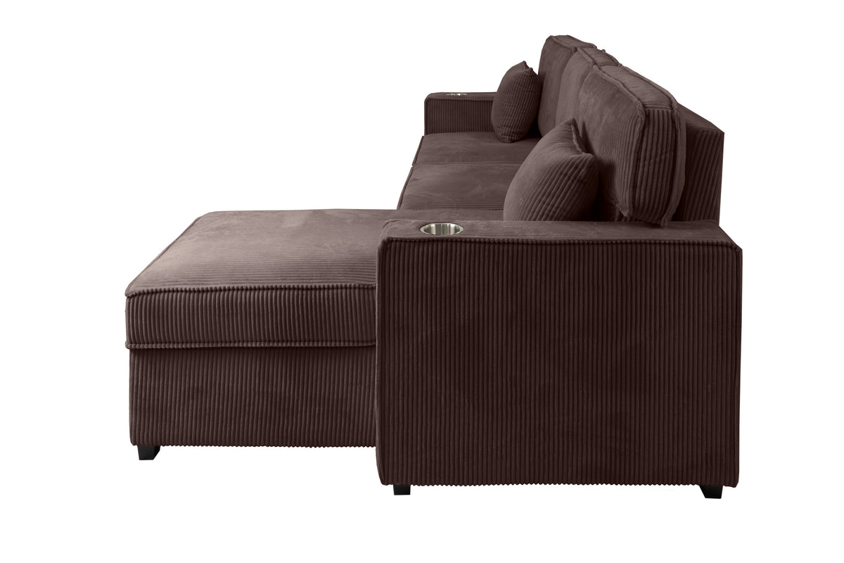2-Pc Covertible Sectional W/ Usb Ports  & 2 Accent Pillows - Chocolate Corduroy
