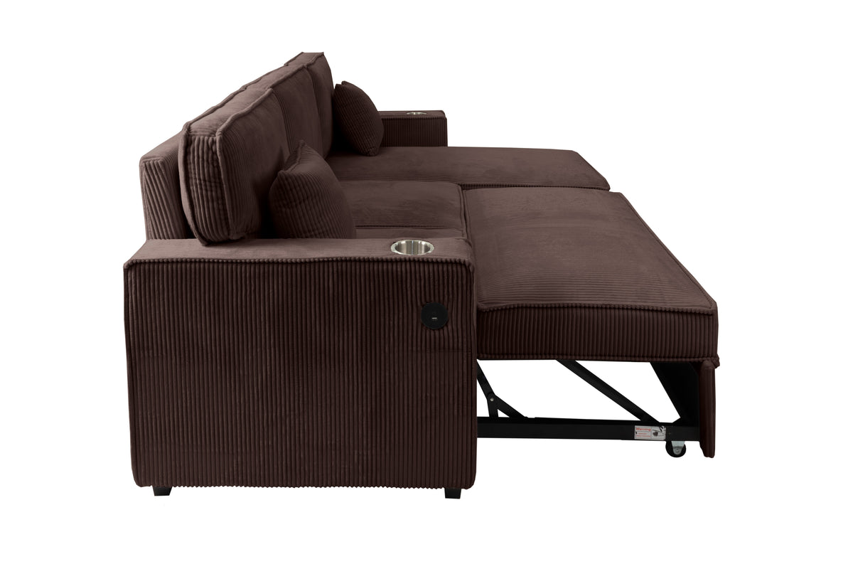 2-Pc Covertible Sectional W/ Usb Ports  & 2 Accent Pillows - Chocolate Corduroy