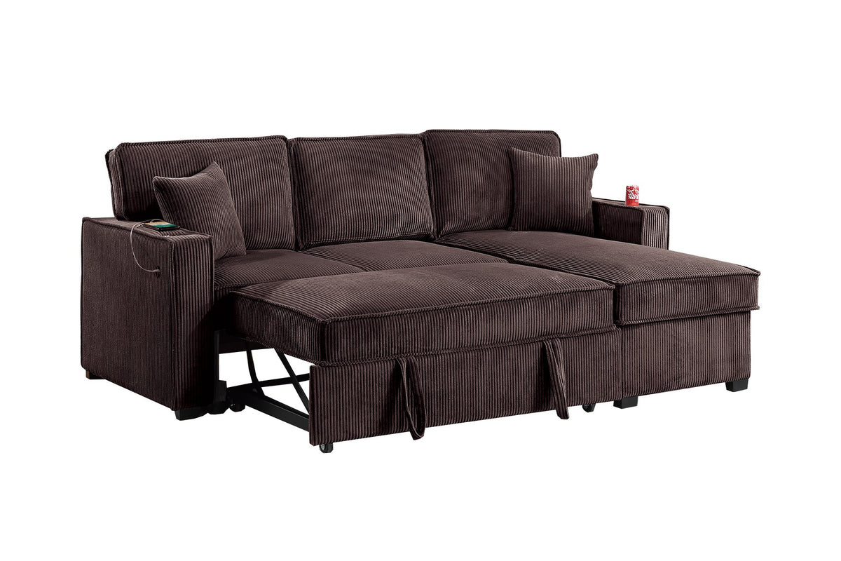 2-Pc Covertible Sectional W/ Usb Ports  & 2 Accent Pillows - Chocolate Corduroy
