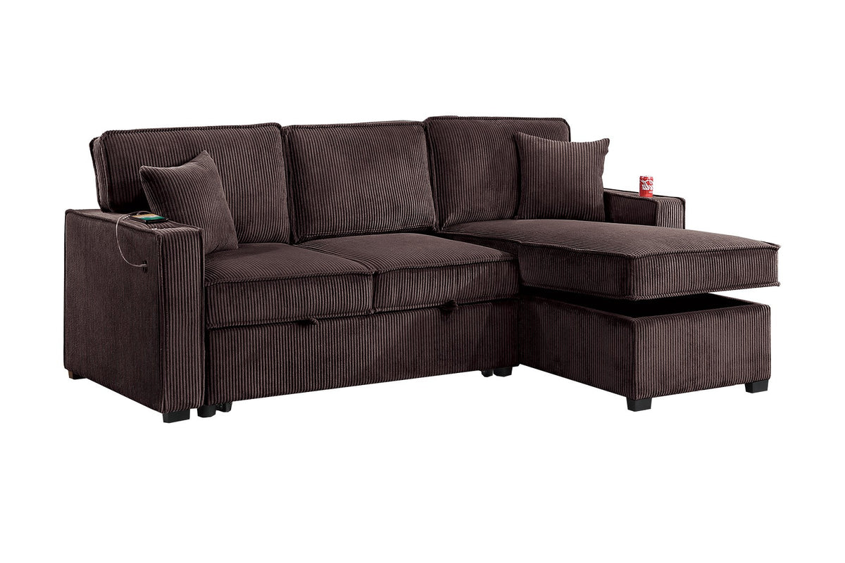 2-Pc Covertible Sectional W/ Usb Ports  & 2 Accent Pillows - Chocolate Corduroy