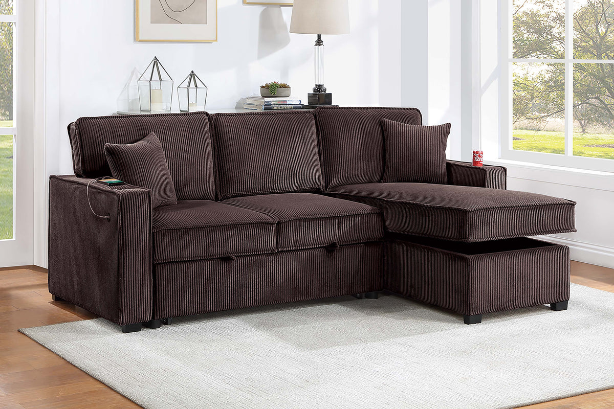 2-Pc Covertible Sectional W/ Usb Ports  & 2 Accent Pillows - Chocolate Corduroy