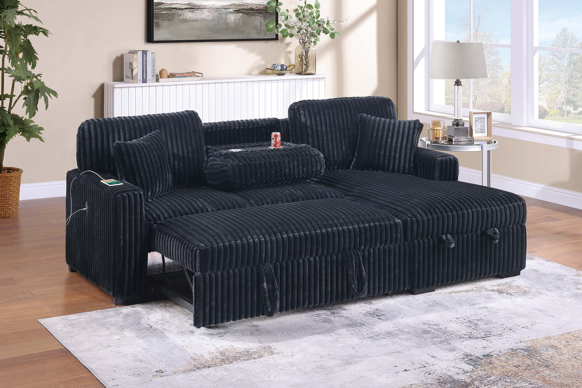 2-Pc Covertible Sectional W/ Usb Ports  & 2 Accent Pillows - Black Fur-Like Jumbo Corduroy