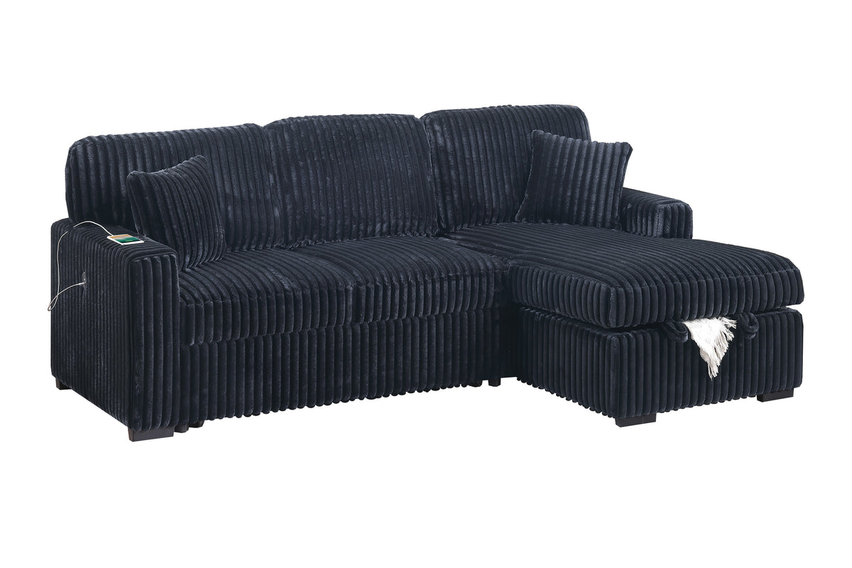 2-Pc Covertible Sectional W/ Usb Ports  & 2 Accent Pillows - Black Fur-Like Jumbo Corduroy