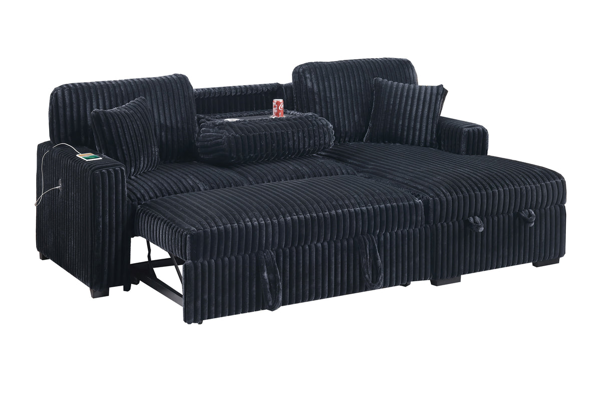 2-Pc Covertible Sectional W/ Usb Ports  & 2 Accent Pillows - Black Fur-Like Jumbo Corduroy
