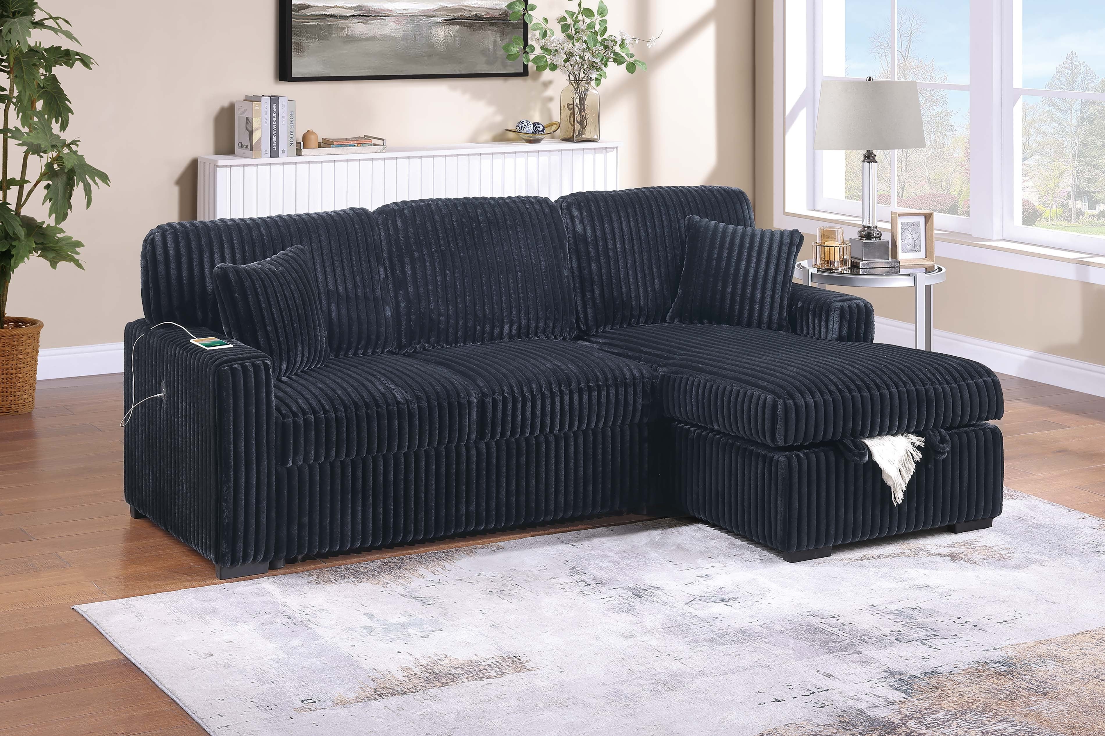Convertible Sectional - Black Fur-Like Jumbo Corduroy