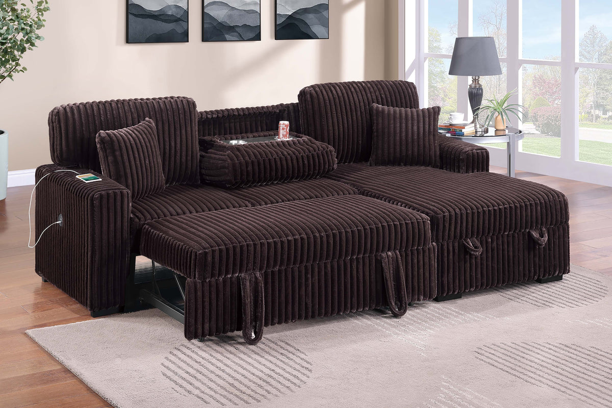 2-Pc Covertible Sectional W/ Usb Ports  & 2 Accent Pillows - Coffee Fur-Like Jumbo Corduroy