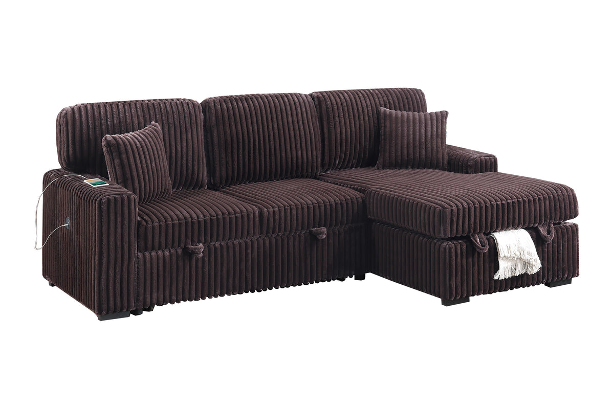 2-Pc Covertible Sectional W/ Usb Ports  & 2 Accent Pillows - Coffee Fur-Like Jumbo Corduroy