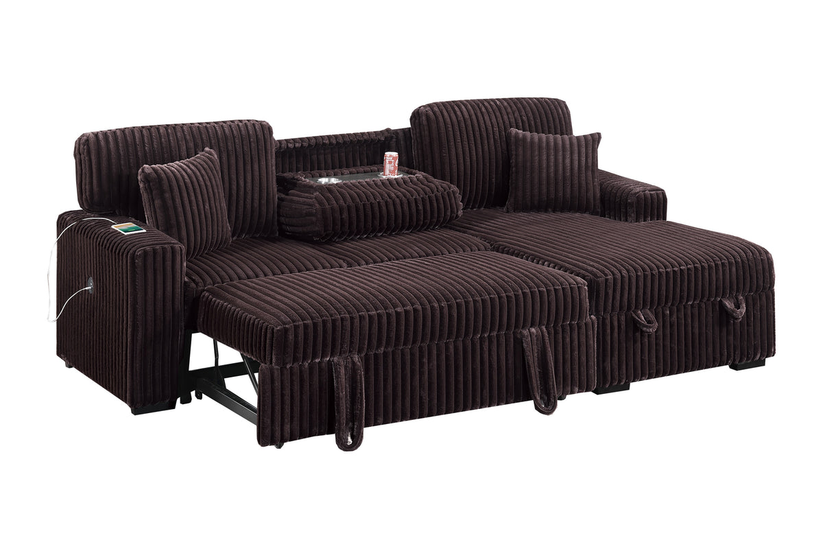 2-Pc Covertible Sectional W/ Usb Ports  & 2 Accent Pillows - Coffee Fur-Like Jumbo Corduroy