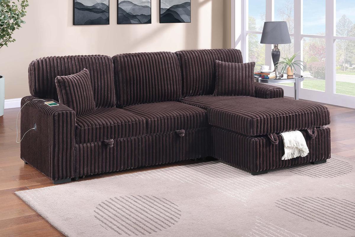 2-Pc Covertible Sectional W/ Usb Ports  & 2 Accent Pillows - Coffee Fur-Like Jumbo Corduroy