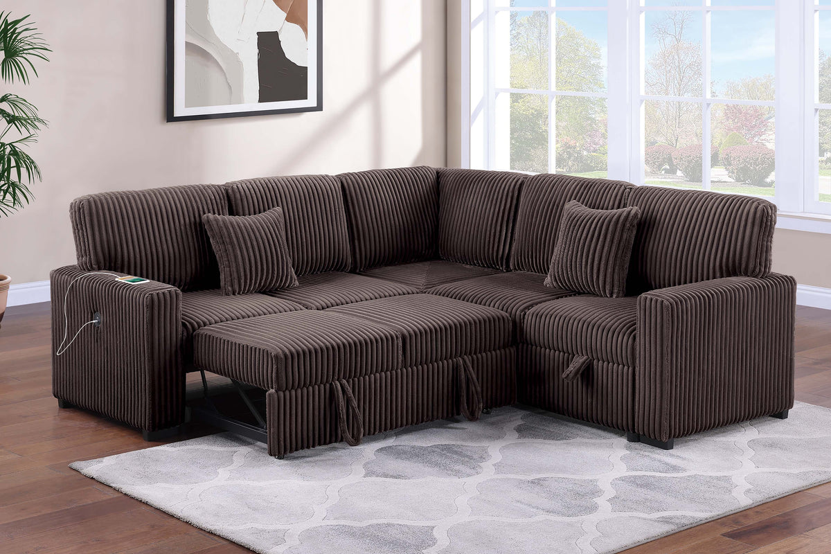 3-Pc Covertible Sectional W/ 2 Accent Pillows - Chocolate Fur-Like Corduroy
