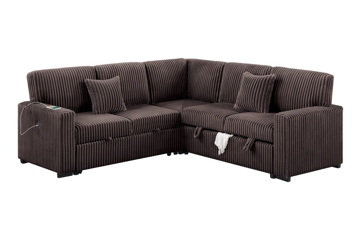3-Pc Covertible Sectional W/ 2 Accent Pillows - Chocolate Fur-Like Corduroy