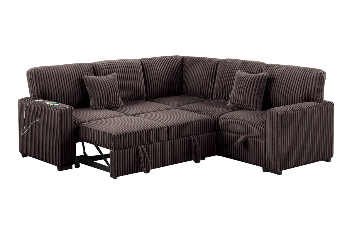 3-Pc Covertible Sectional W/ 2 Accent Pillows - Chocolate Fur-Like Corduroy