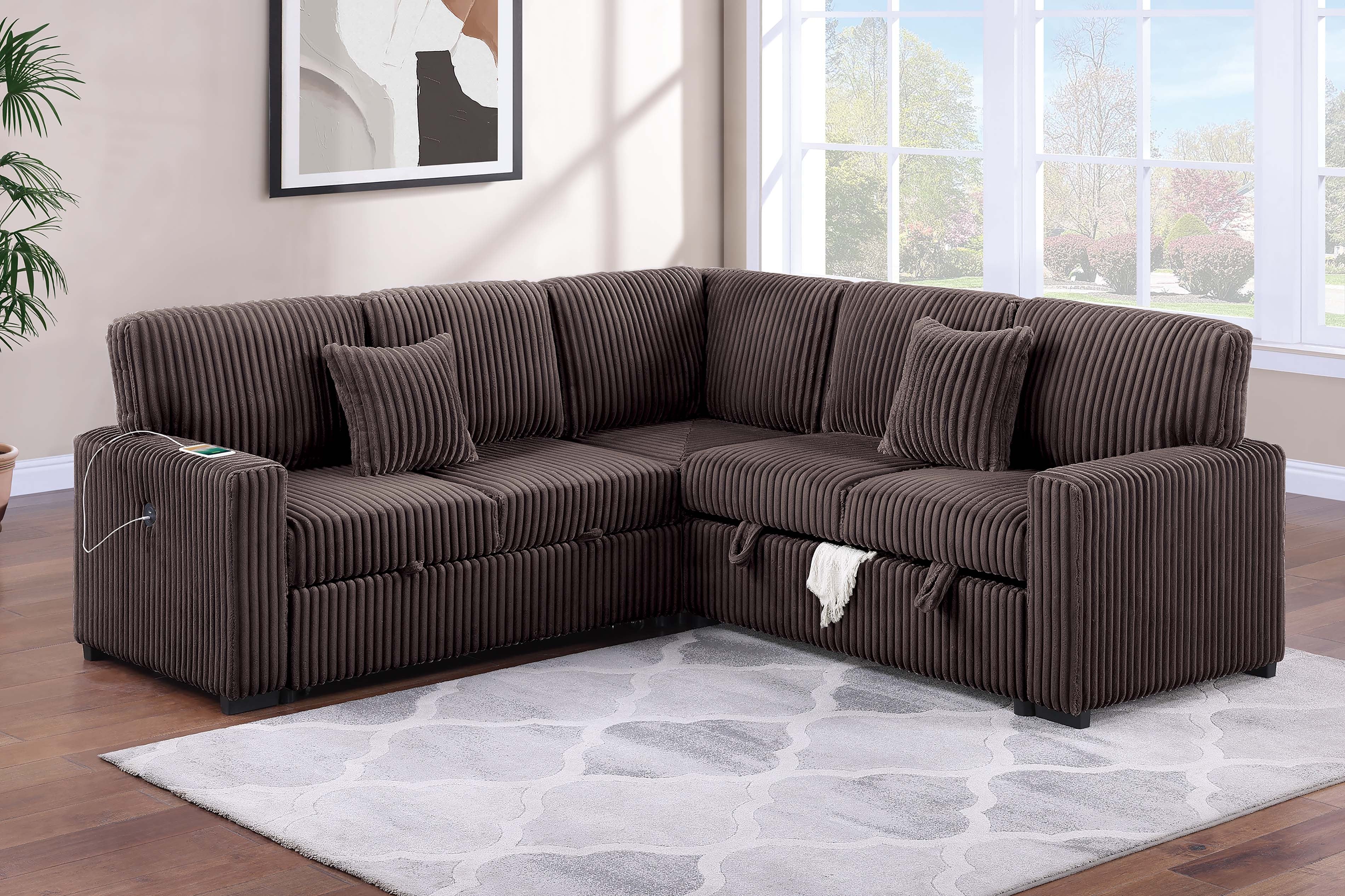 3-Piece Convertible Sectional - Chocolate Fur-Like Corduroy
