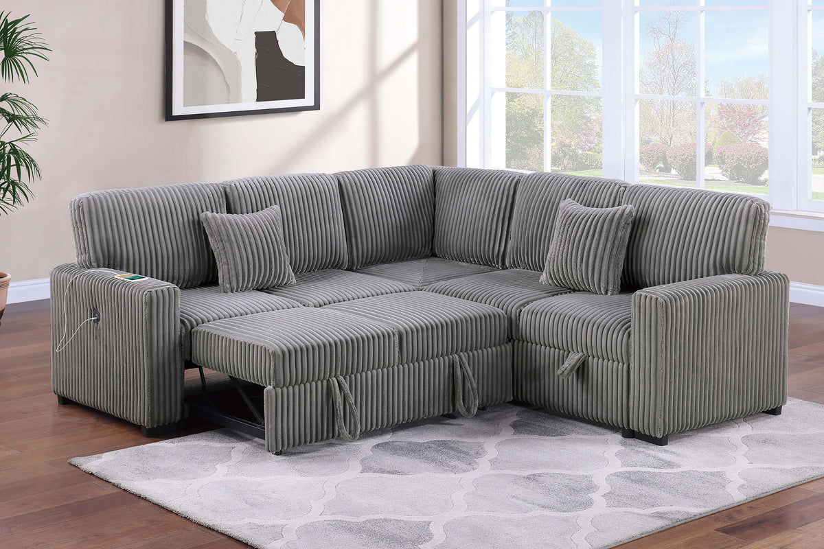 3-Pc Covertible Sectional W/ 2 Accent Pillows - Smoke Fur-Like Corduroy