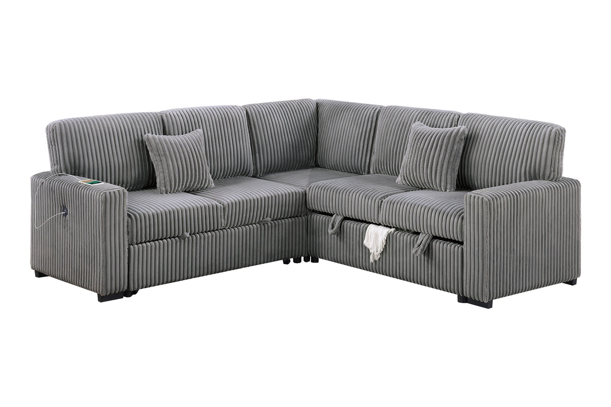 3-Pc Covertible Sectional W/ 2 Accent Pillows - Smoke Fur-Like Corduroy