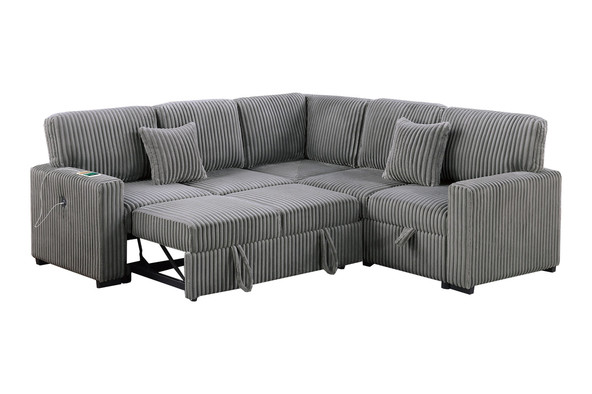 3-Pc Covertible Sectional W/ 2 Accent Pillows - Smoke Fur-Like Corduroy