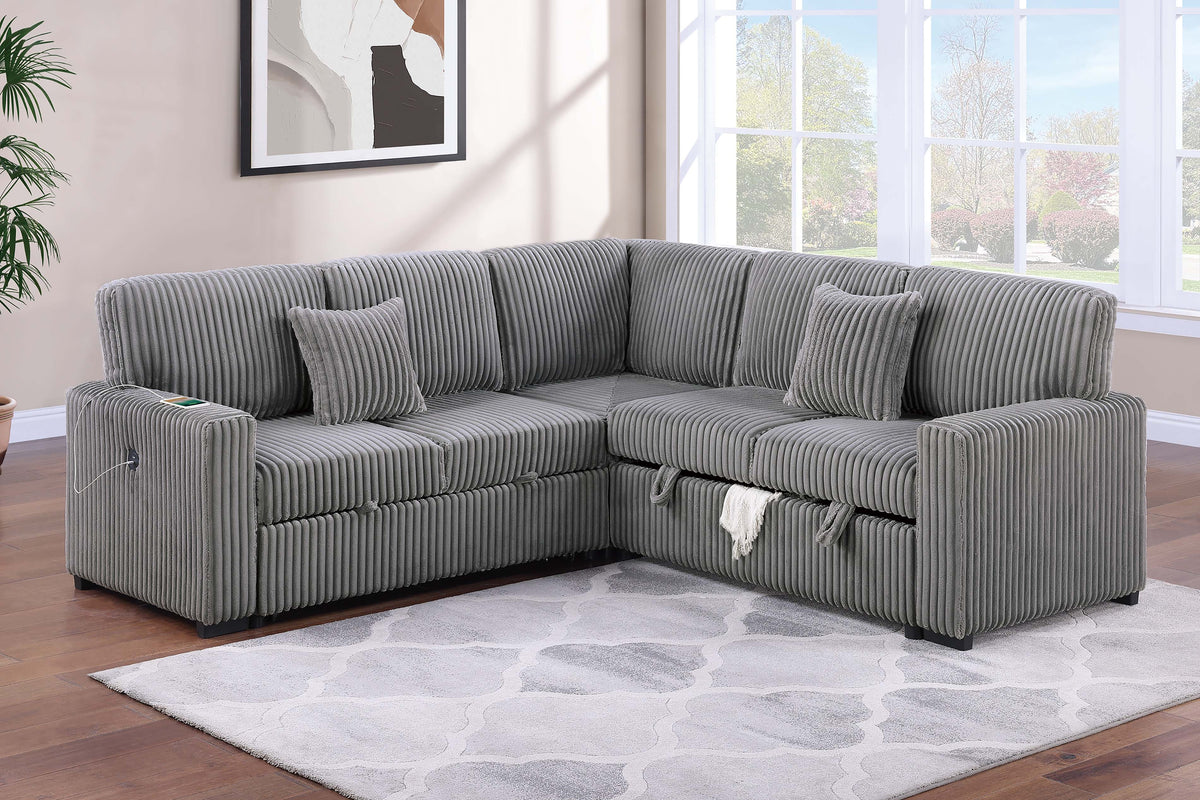 3-Pc Covertible Sectional W/ 2 Accent Pillows - Smoke Fur-Like Corduroy