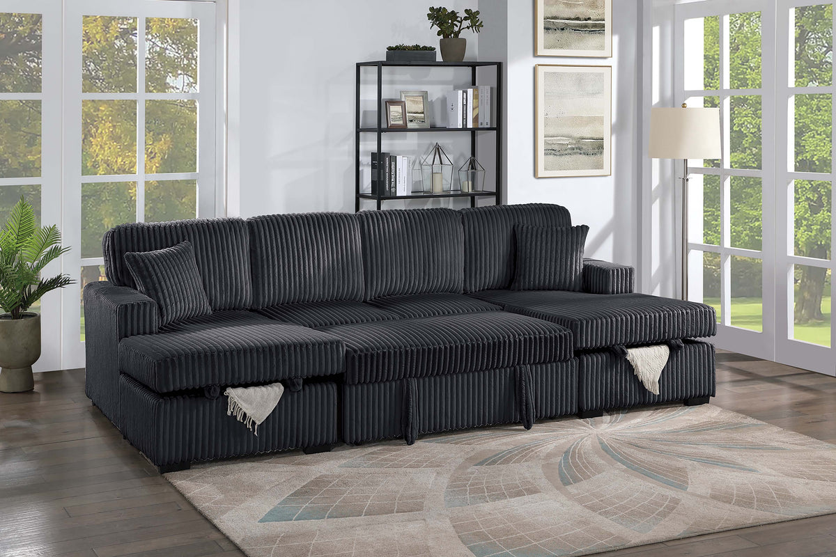 3-Pc Convertible Sectional W/ 2 Accent Pillows - Black Fur-Like Corduroy