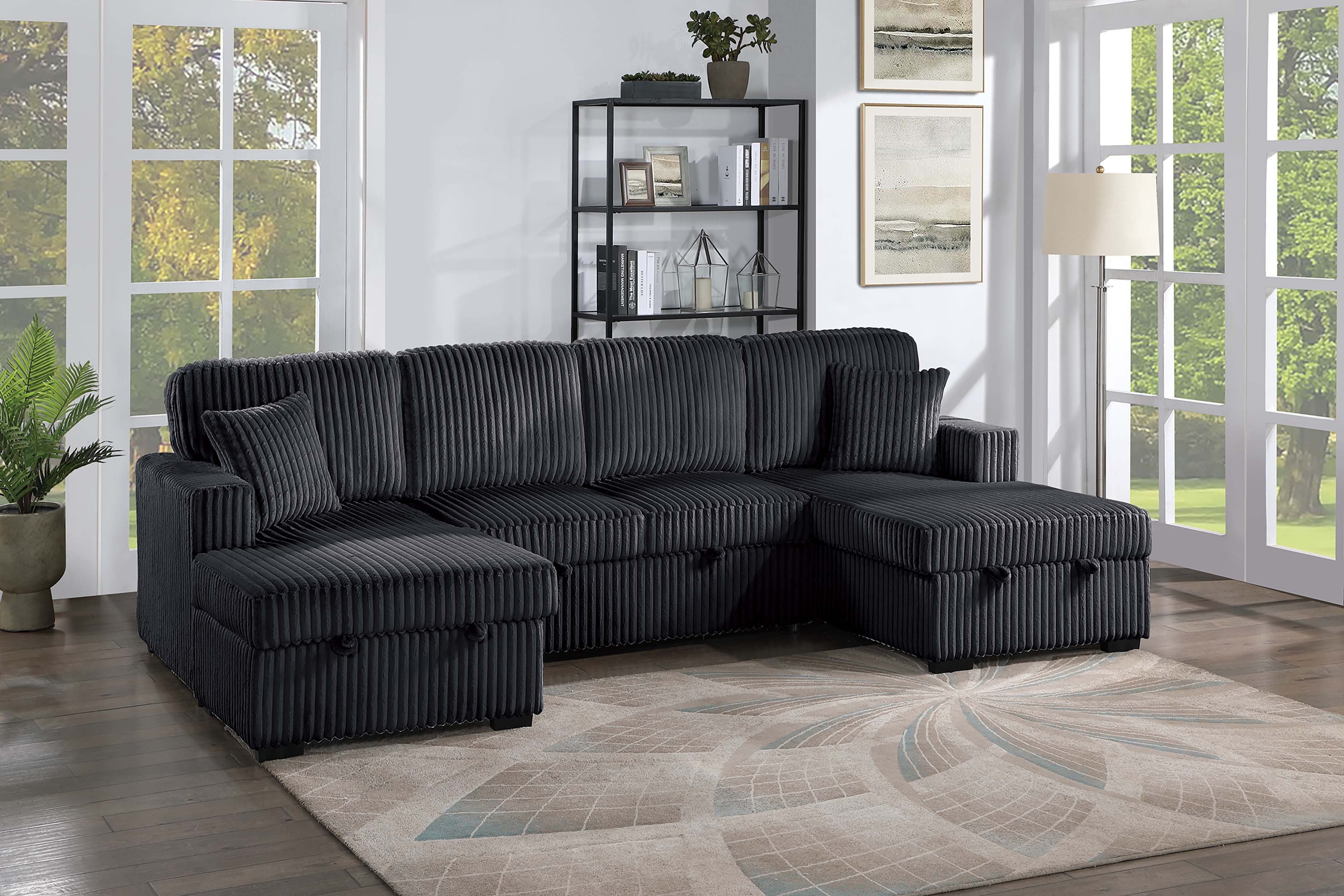 3-Piece Convertible Sectional - Black Fur-Like Corduroy