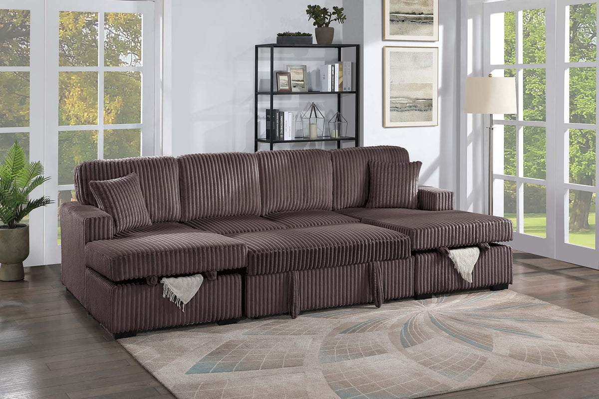3-Pc Convertible Sectional W/ 2 Accent Pillows - Chocolate Fur-Like Corduroy
