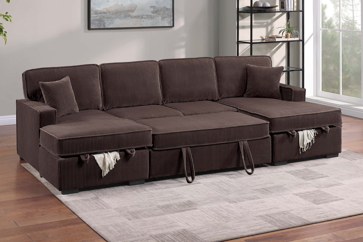 3-Pc Convertible Sectional W/ 2 Accent Pillows - Chocolate Corduroy