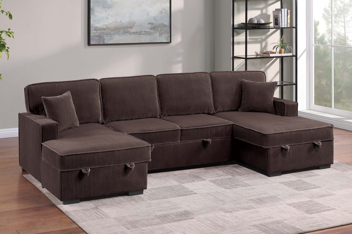 3-Pc Convertible Sectional W/ 2 Accent Pillows - Chocolate Corduroy