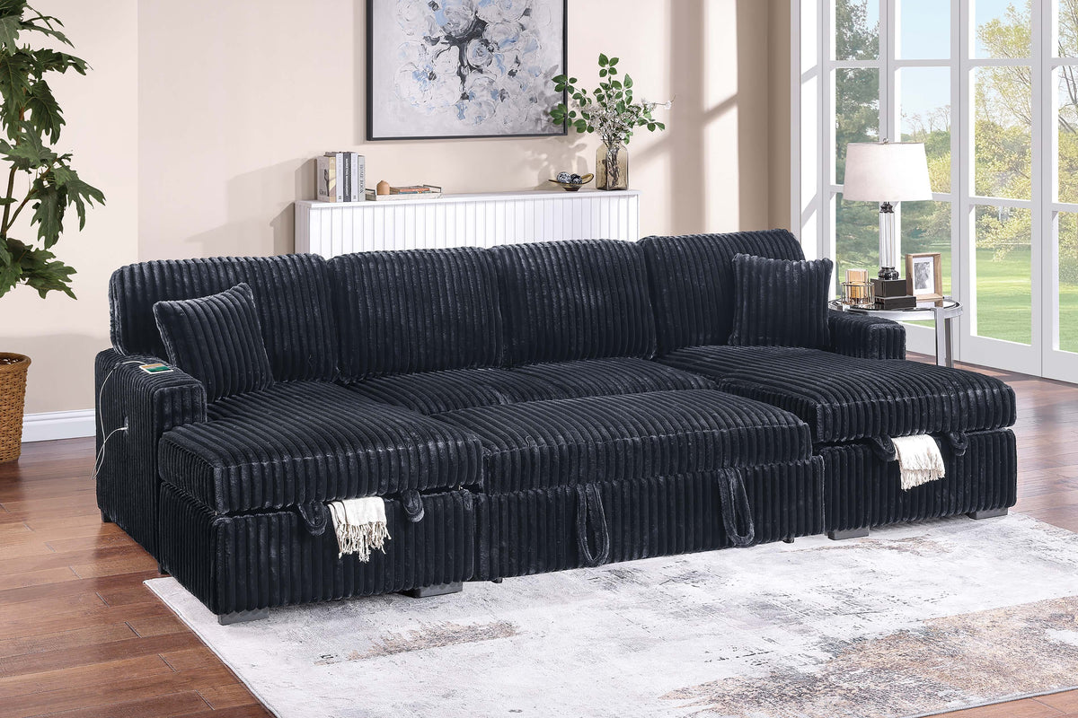 3-Pc Convertible Sectional W/ 2 Accent Pillows - Black Fur-Like Jumbo Corduroy