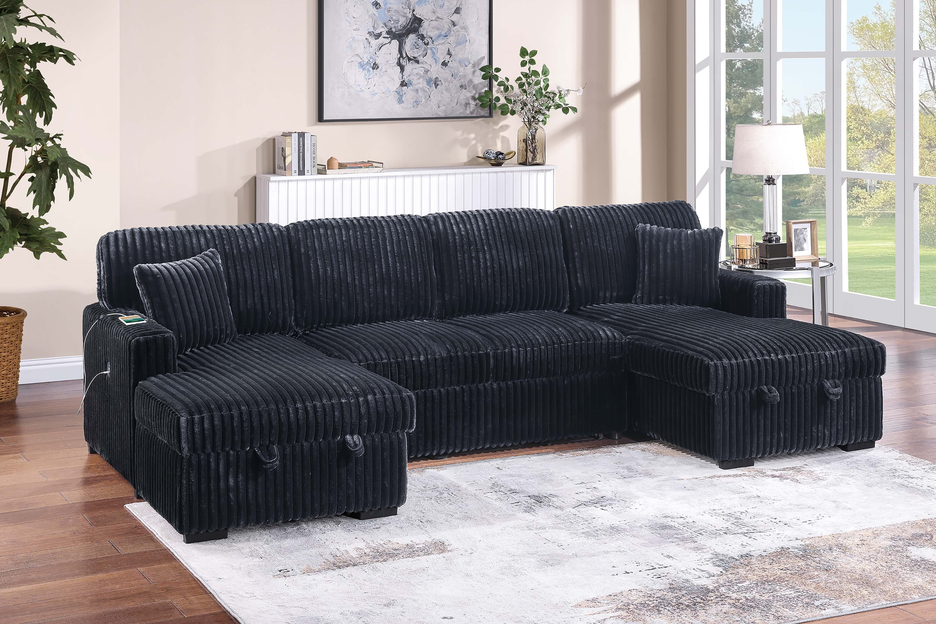 3-Piece Convertible Sectional - Black Fur-Like Jumbo Corduroy