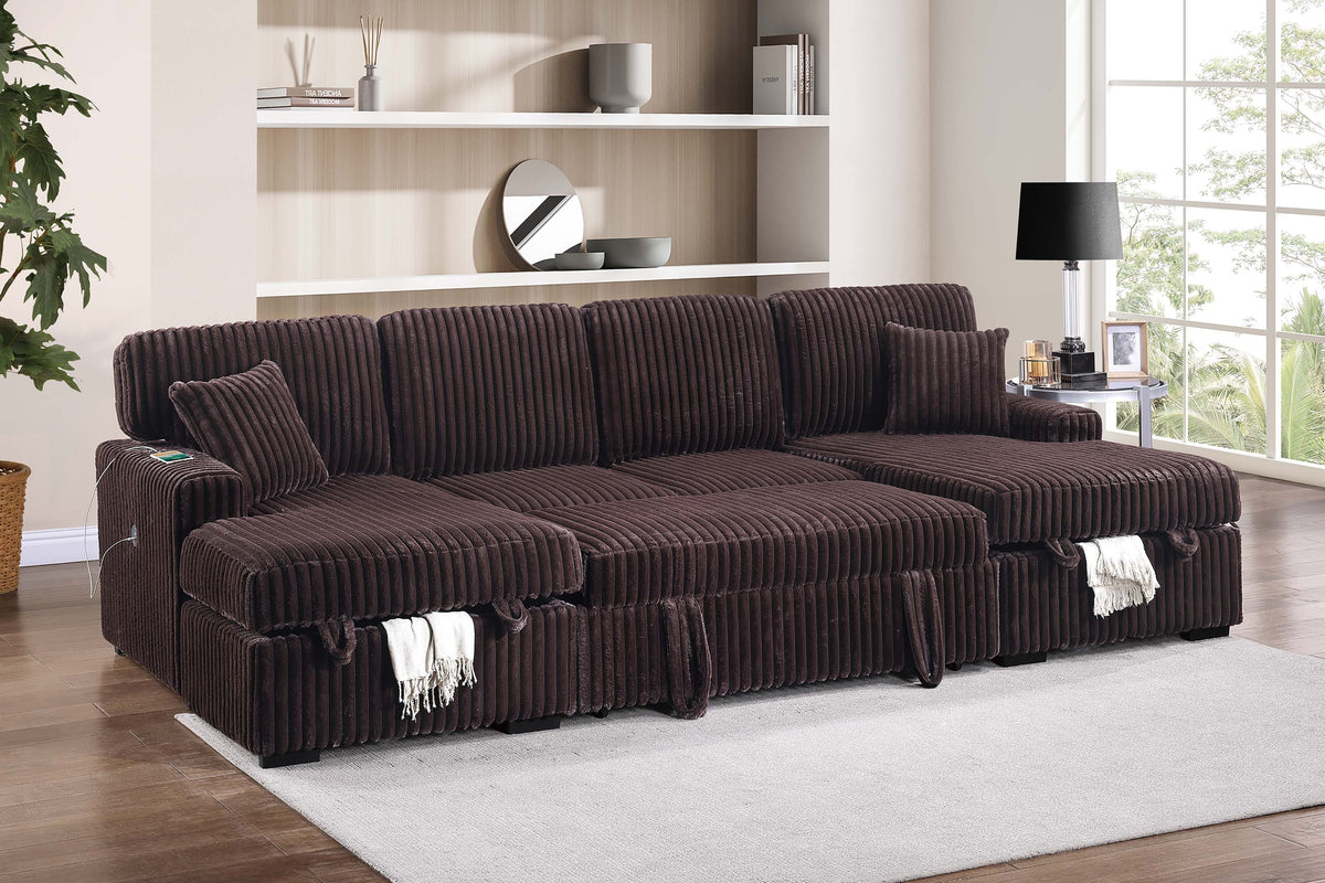 3-Pc Convertible Sectional W/ 2 Accent Pillows - Coffee Fur-Like Jumbo Corduroy