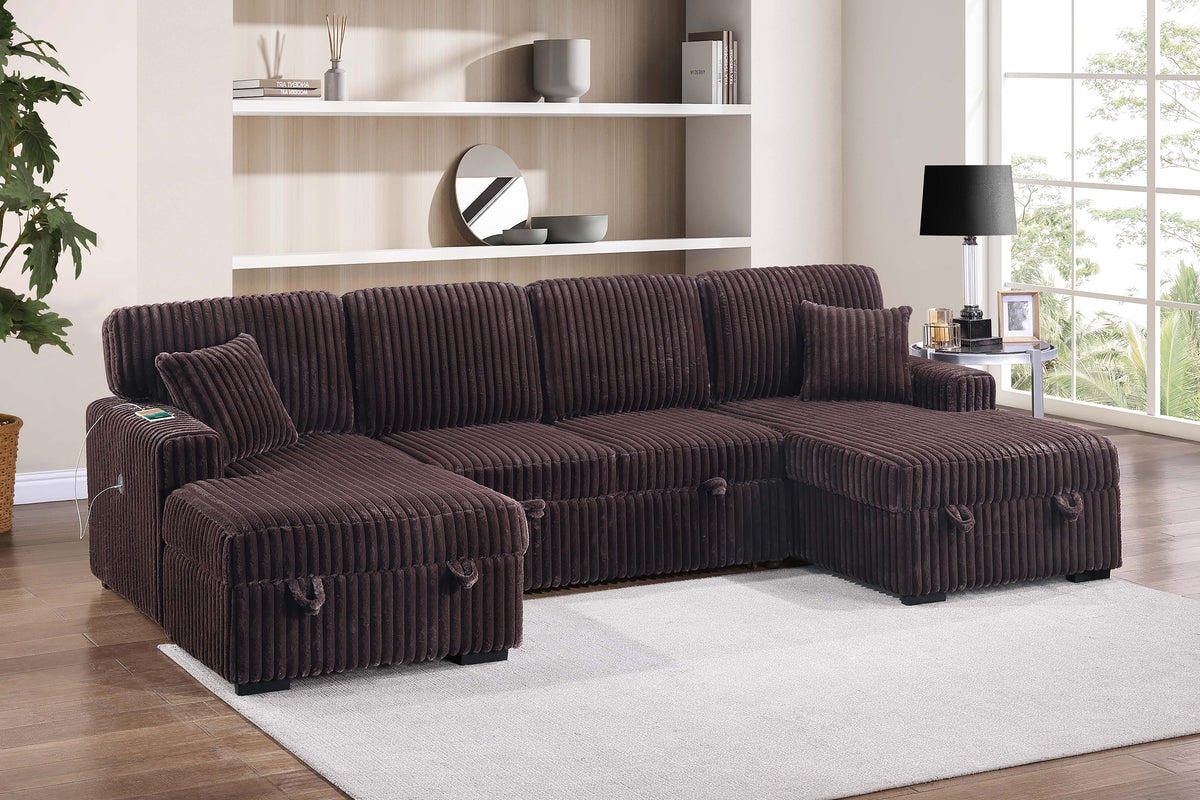 3-Pc Convertible Sectional W/ 2 Accent Pillows - Coffee Fur-Like Jumbo Corduroy