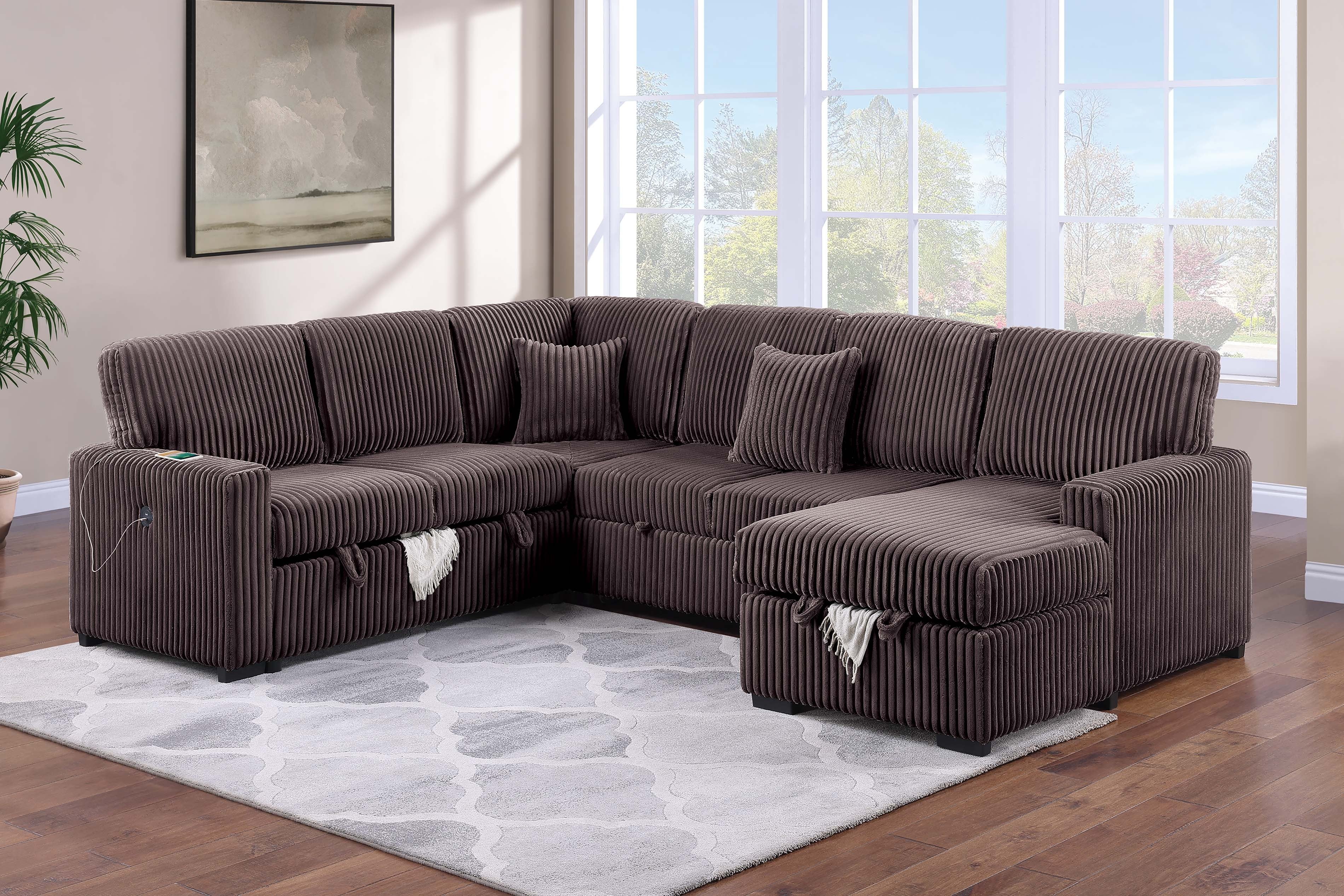4-Piece Convertible Sectional - Chocolate Fur-Like Corduroy
