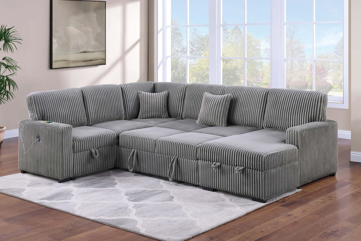 4-Pc Covertible Sectional W/ 2 Accent Pillows - Smoke Fur-Like Corduroy