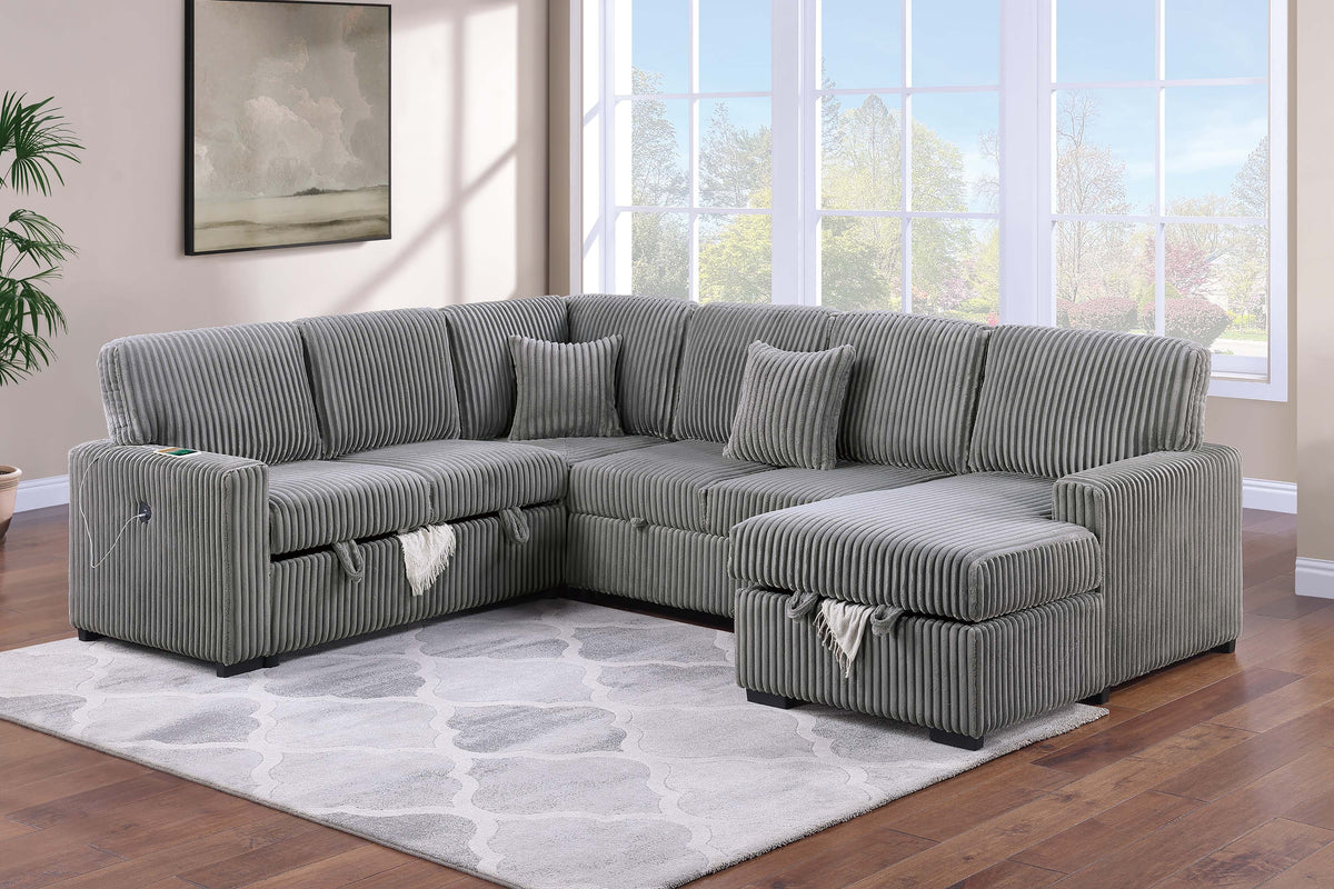4-Pc Covertible Sectional W/ 2 Accent Pillows - Smoke Fur-Like Corduroy