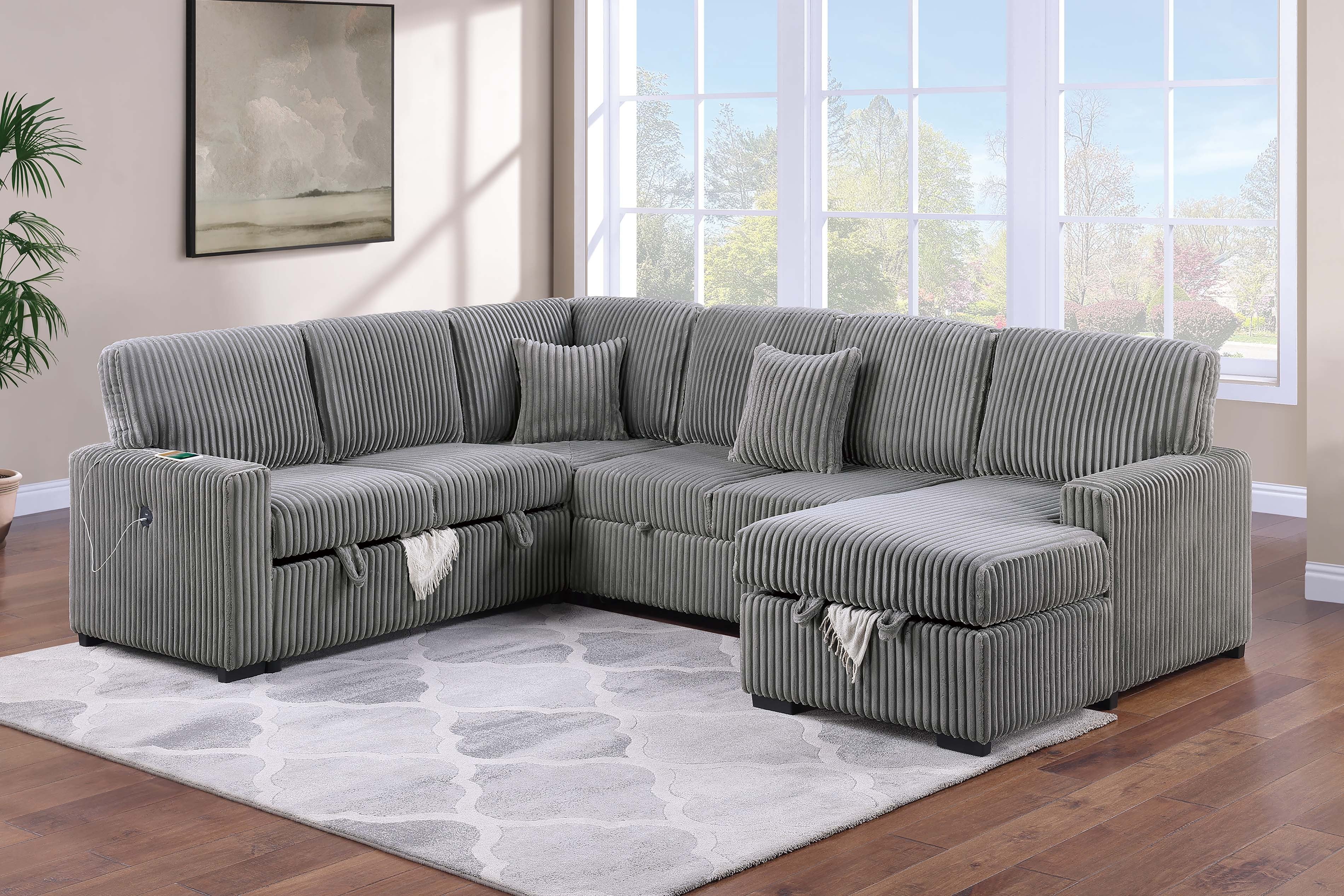 4-Piece Convertible Sectional - Smoke Fur-Like Corduroy