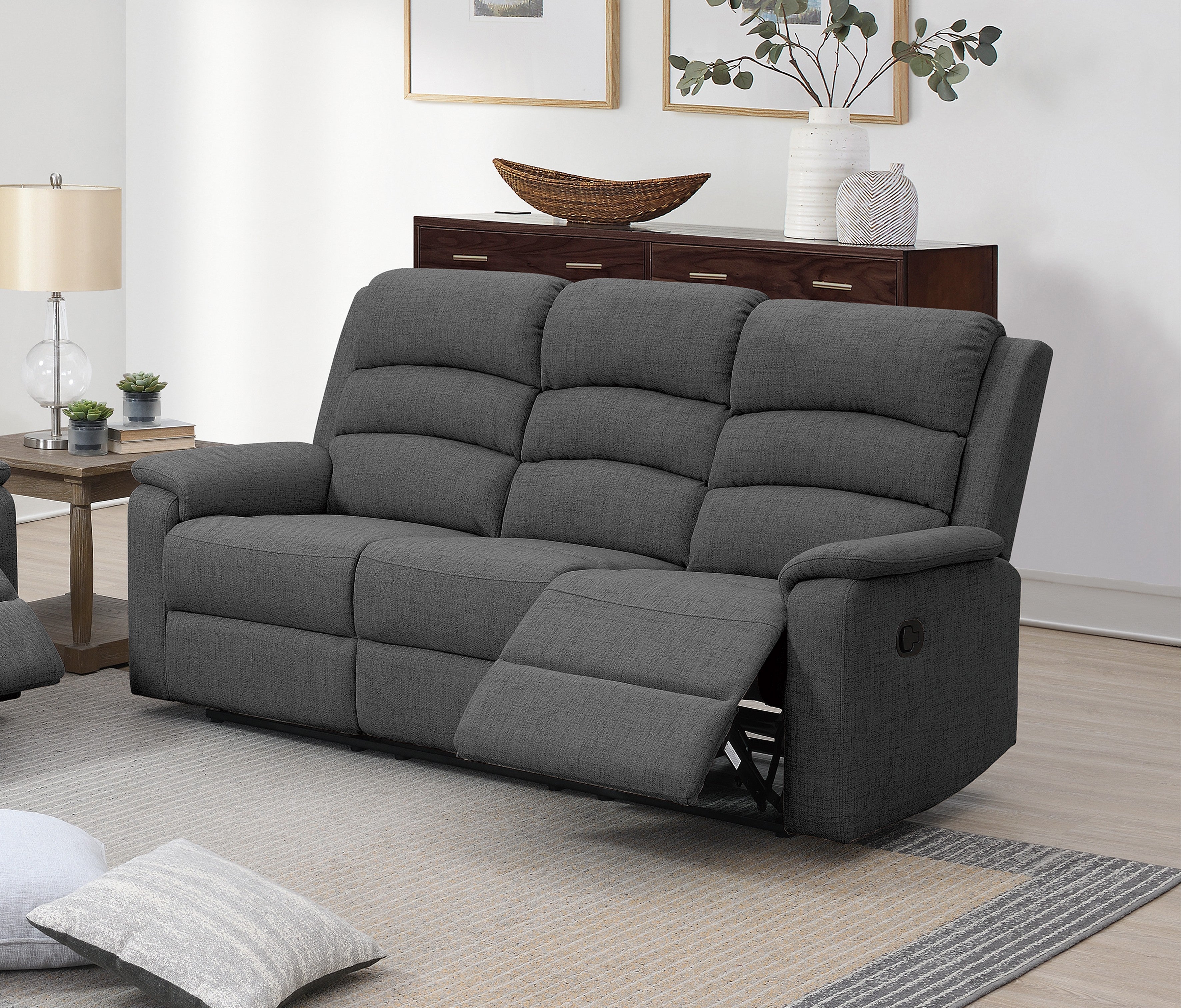 Manual Reclining Sofa - Dark Grey Burlap Fabric