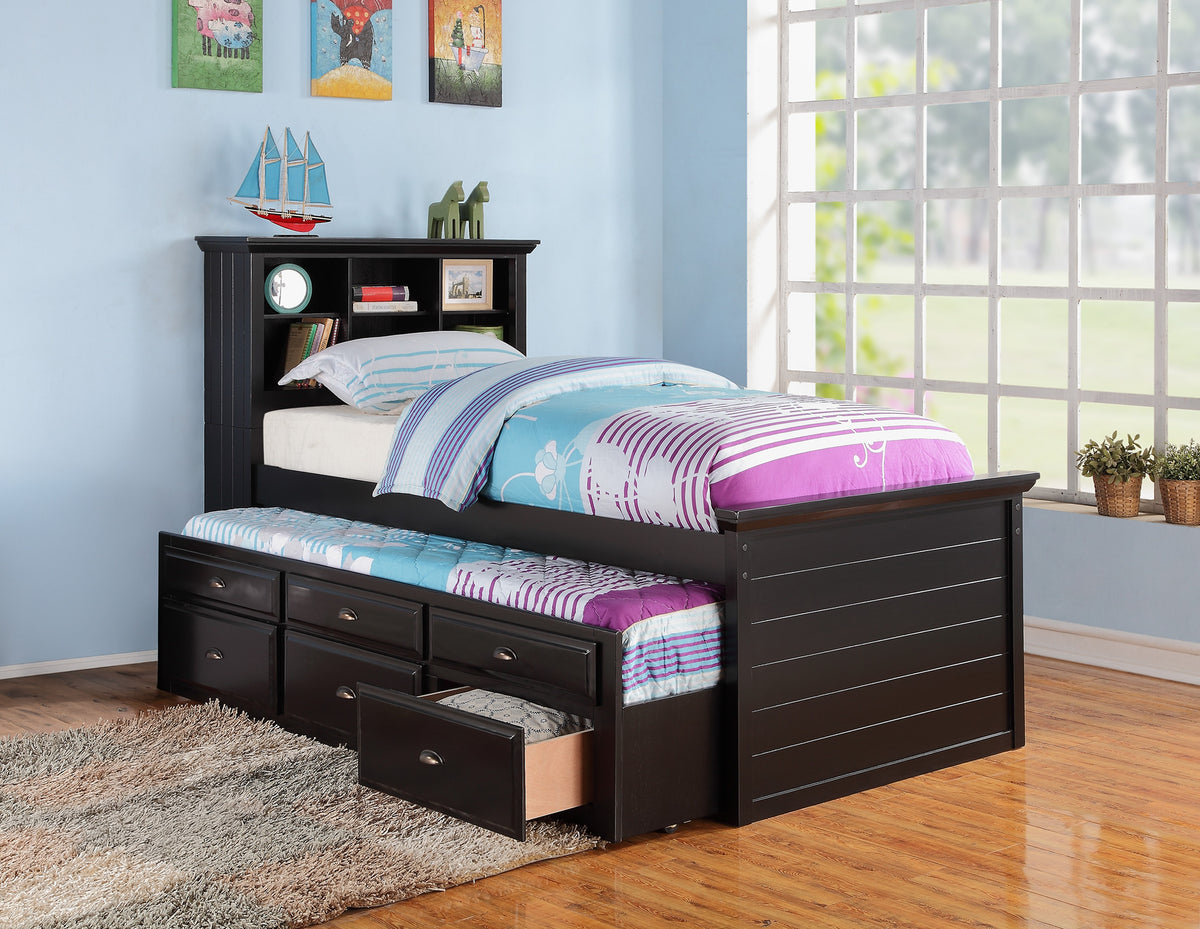 Twin Bed W/Trundle-Black W. Drawers - Black