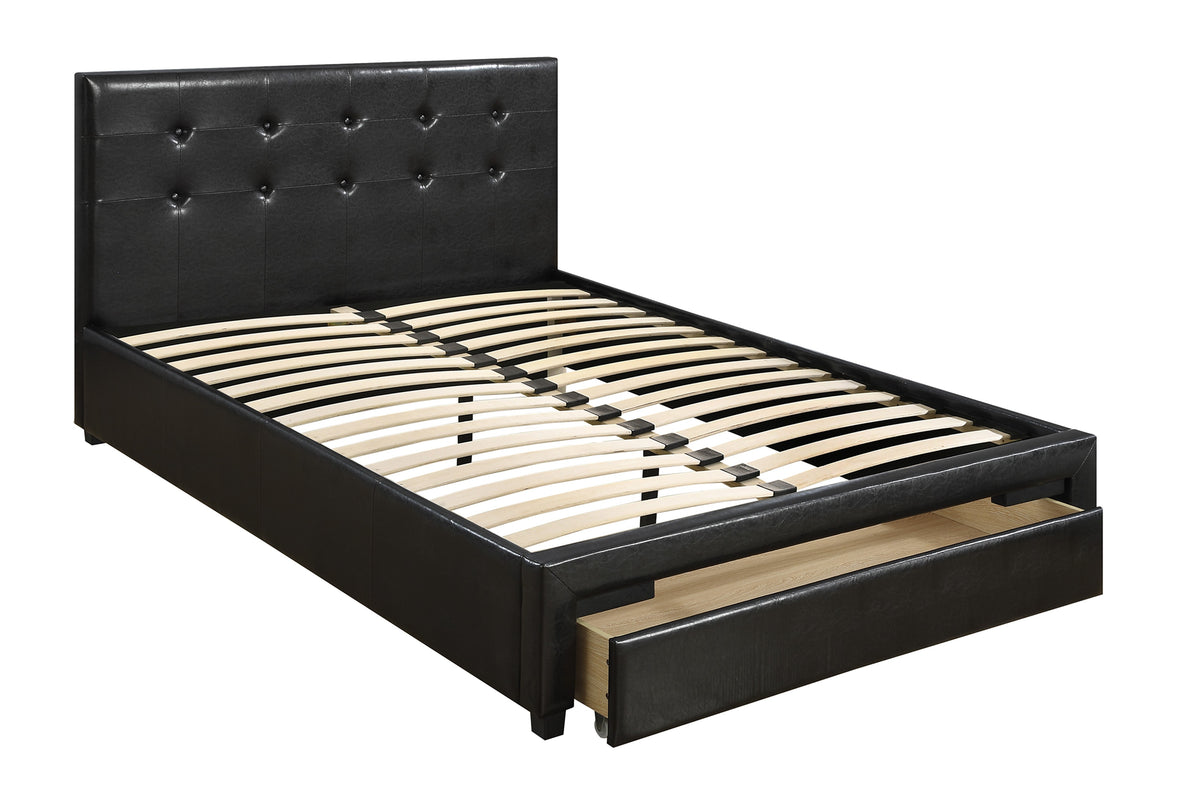Queen Bed W/Drawer-Black Pu - Black / Black