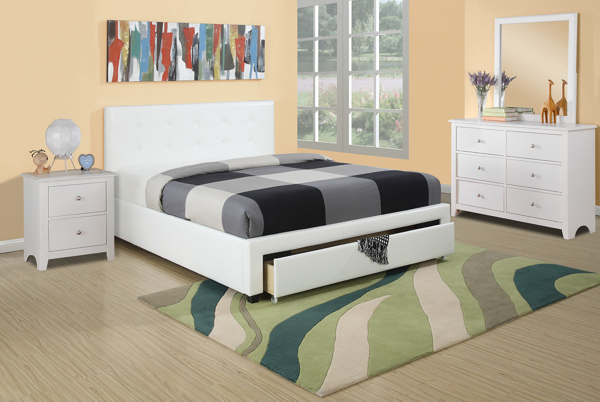 Queen Bed W/Drawer-Pu White - White / Black